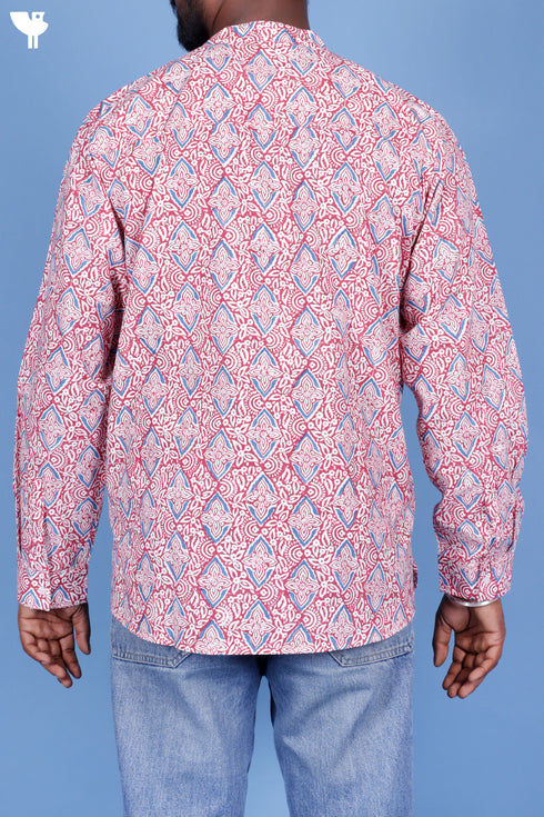 Cotton Men’s Short Kurta In Floral Block Print